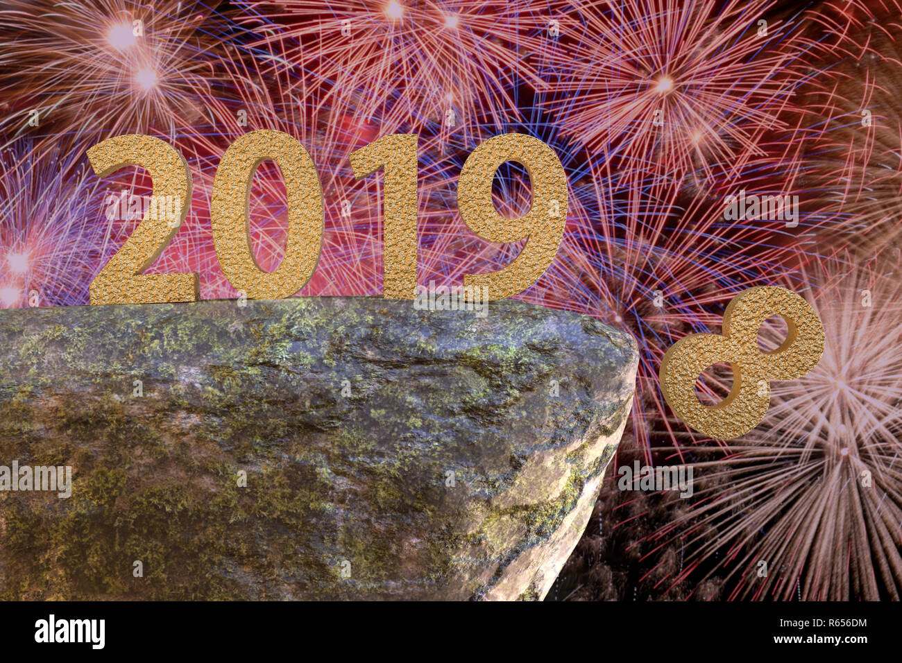 3D-gerenderte von Golden 2019 Neues Jahr Datum steht auf der Kante des Rock mit Ziffer 8 Fallen-shot gegen Feuerwerk in den Nachthimmel. Stockfoto