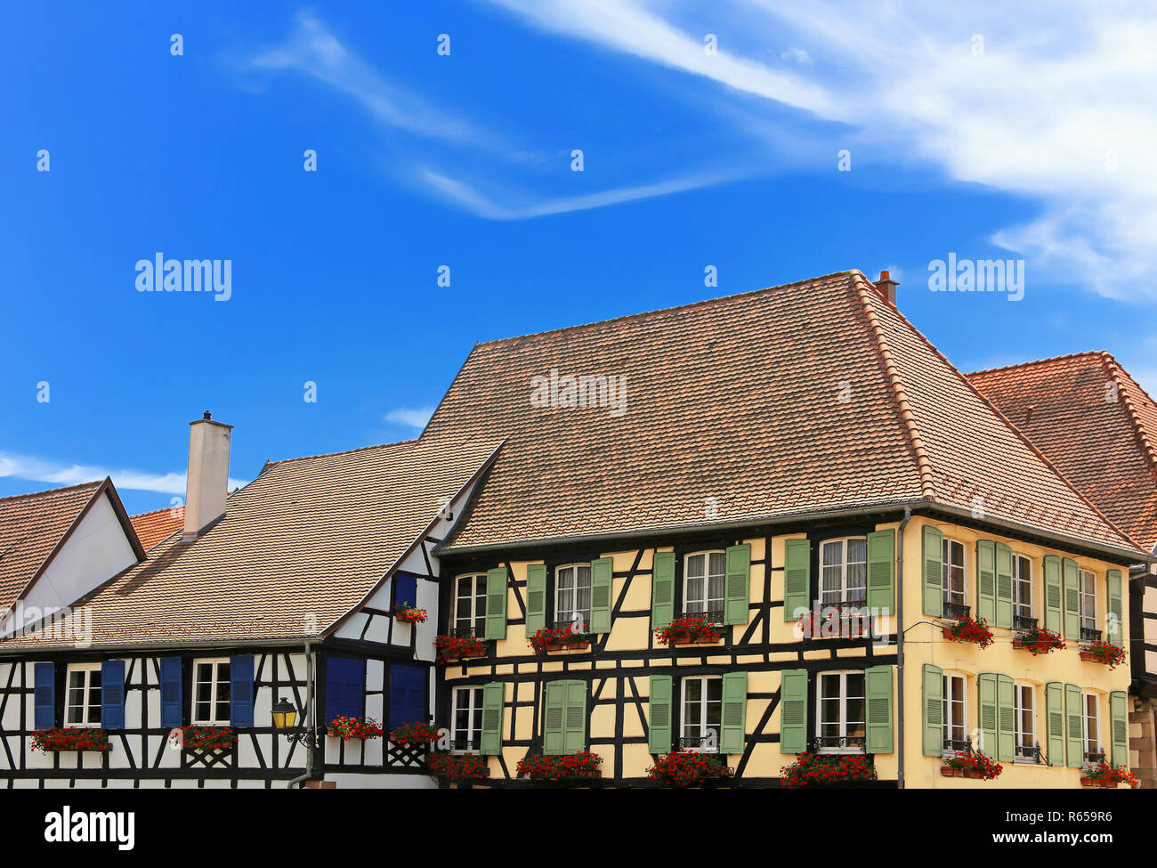 Fachwerkhäuser in Obernai im Elsass Stockfoto