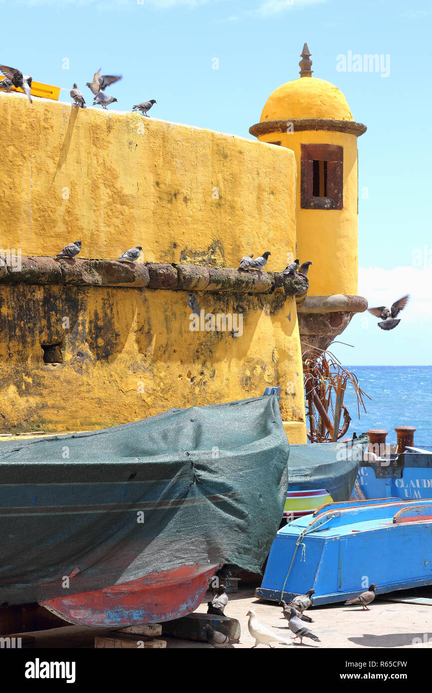 Boote an der San Tiago Festung in Funchal, Madeira Stockfoto