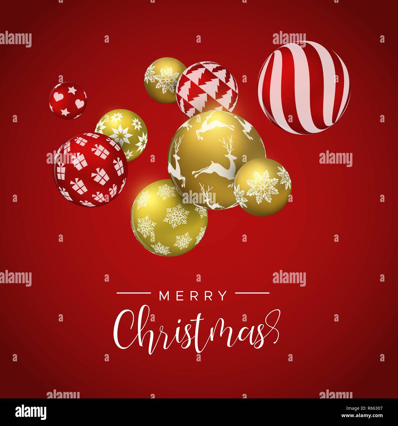 Merry Christmas Card, Gold und Rot xmas bauble Ornamente. Luxus Urlaub Kugeln Hintergrund für die Einladung oder Jahreszeiten Gruß. Stock Vektor