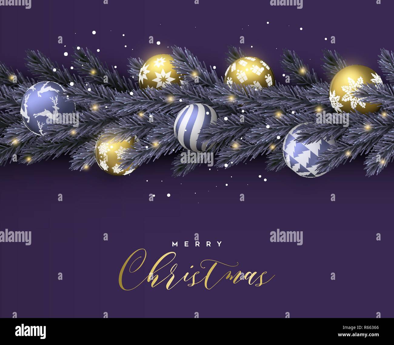 Frohe Weihnachten Frohes Neues Jahr lila Karte. Realistische Pine Tree Kranz Kranz mit Gold xmas Aufhänger Kugeln für Luxus Urlaub Einladung oder Jahreszeiten Stock Vektor