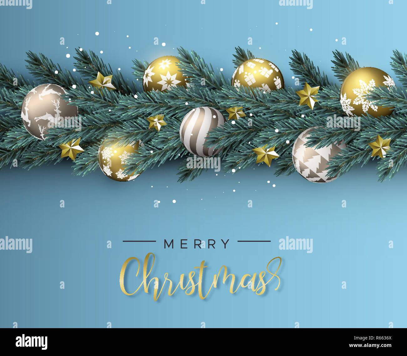 Frohe Weihnachten Frohes Neues Jahr blue card. Realistische Pine Tree Kranz Kranz mit Gold xmas Aufhänger Kugeln für Luxus Urlaub Einladung oder Jahreszeiten gr Stock Vektor