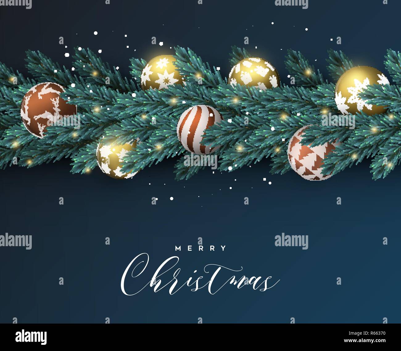 Frohe Weihnachten Frohes Neues Jahr blue card. Realistische Pine Tree Kranz Kranz mit Gold xmas Aufhänger Kugeln für Luxus Urlaub Einladung oder Jahreszeiten gr Stock Vektor