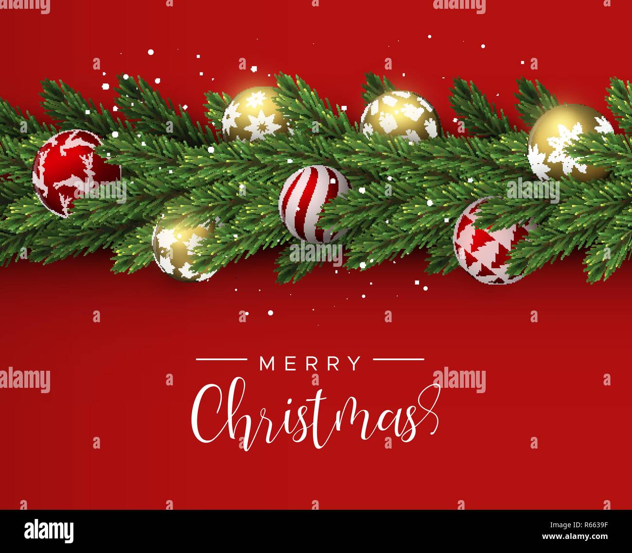 Frohe Weihnachten Frohes Neues Jahr Karte. Realistische Pine Tree Kranz Kranz mit Gold und Rot xmas Aufhänger Kugeln für Luxus Urlaub Einladung oder Jahreszeiten Stock Vektor