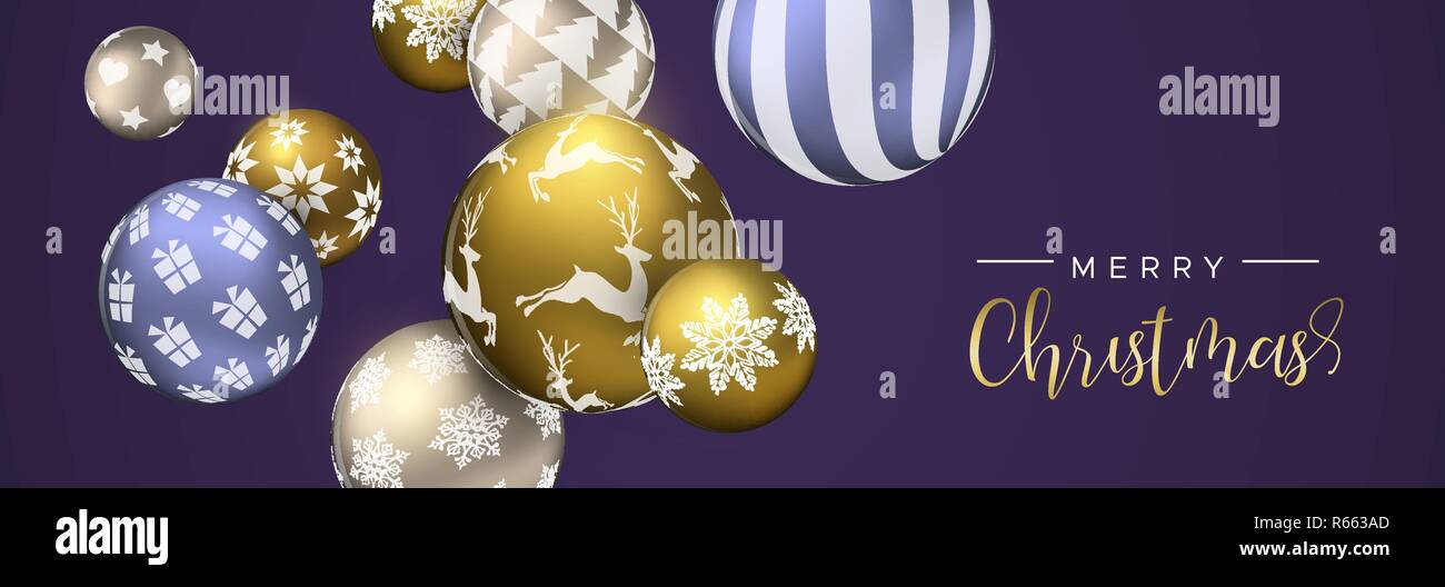 Frohe Weihnachten Web Banner, Gold und Purpur xmas bauble Ornamente. Luxus Urlaub Kugeln Hintergrund für die Einladung oder Jahreszeiten Gruß. Stock Vektor