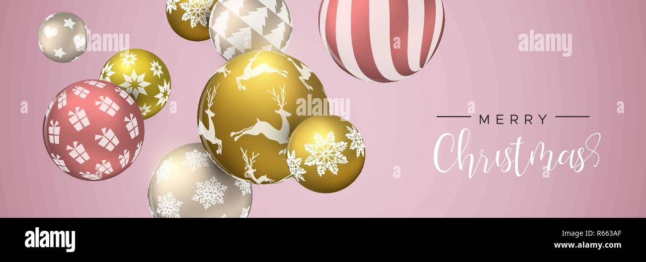 Frohe Weihnachten Web Banner, Gold und Rosa xmas bauble Ornamente. Luxus Urlaub Kugeln Hintergrund für die Einladung oder Jahreszeiten Gruß. Stock Vektor