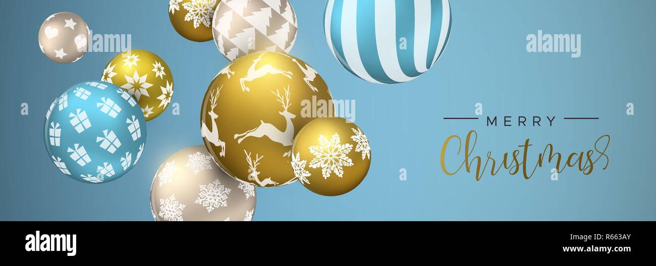 Frohe Weihnachten Web Banner, Gold und Blau xmas bauble Ornamente. Luxus Urlaub Kugeln Hintergrund für die Einladung oder Jahreszeiten Gruß. Stock Vektor
