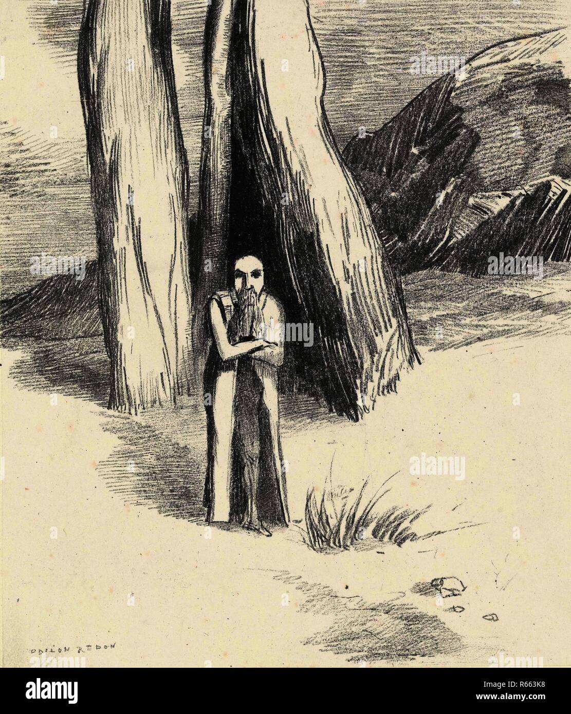 Ein Verrückter in einer düsteren Landschaft (Un fou dans un Morne paysage) aus der Serie Hommage à Goya. Abmessungen: 42,8 cm x 31 cm, 22,8 cm x 19,5 cm, 22,8 cm x 19,5 cm. Museum: Van Gogh Museum, Amsterdam. Autor: Redon, Odilon. Stockfoto