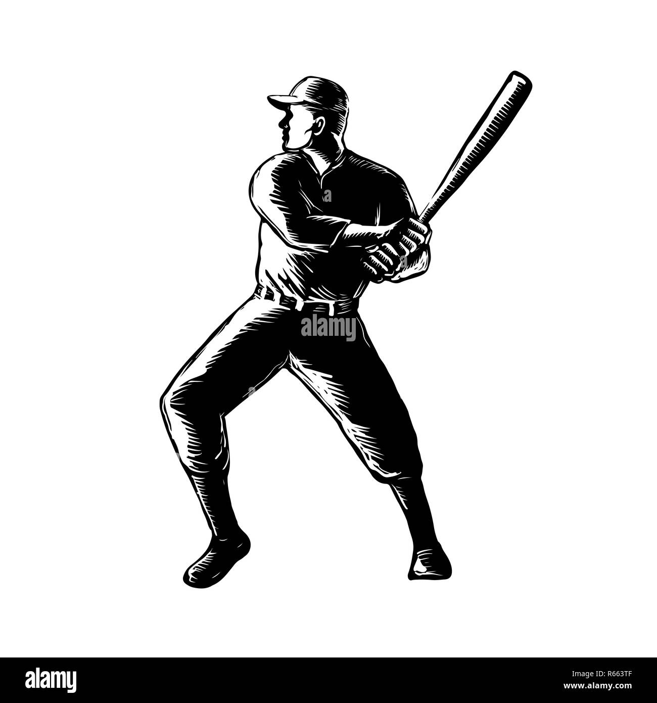 Baseballspieler Batting Holzschnitt Schwarz und Weiß Stockfoto