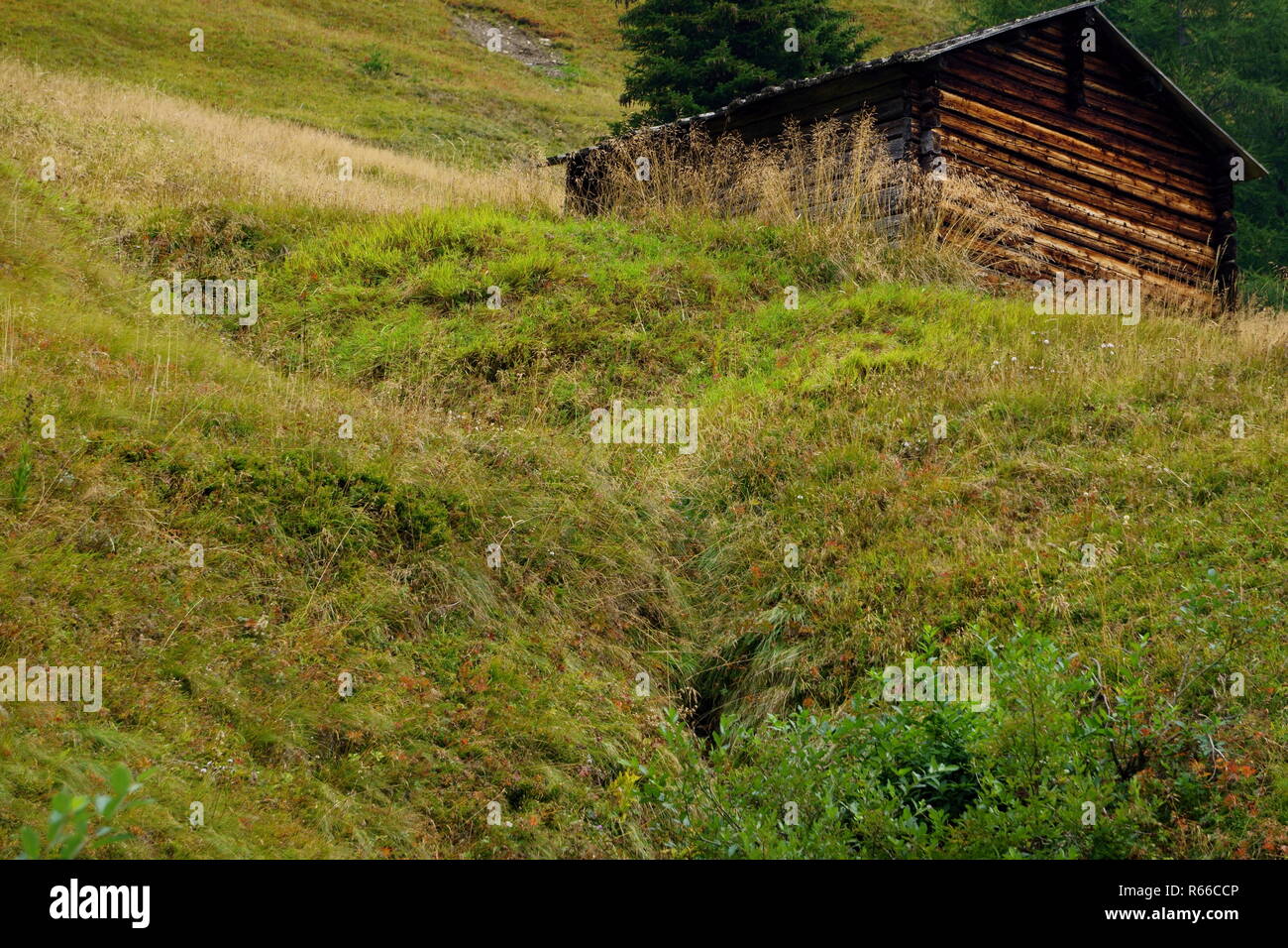 Holzhütte in den österreichischen Bergen anmelden Stockfoto