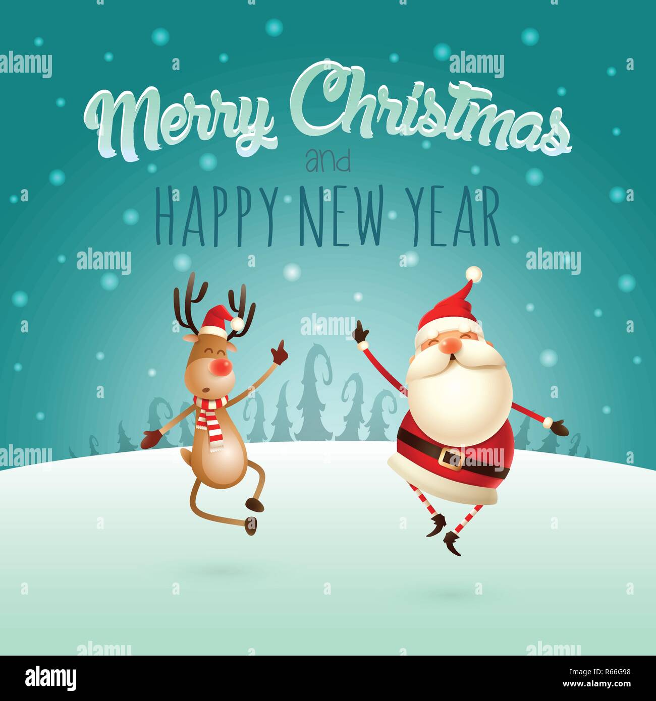 Frohe Weihnachten und guten Rutsch ins Neue Jahr - glückliche Ausdruck der  Weihnachtsmann und Rentier - Sie springen gerade nach oben und ihre Fersen  zusammen claping Rig bringen Stock-Vektorgrafik - Alamy