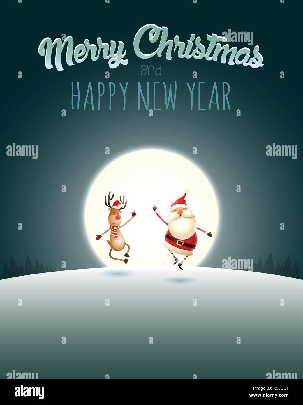 Frohe Weihnachten Und Guten Rutsch Ins Neue Jahr Gluckliche Ausdruck Der Weihnachtsmann Und Rentier Winterlandschaft Mit Blue Moonlight Stock Vektorgrafik Alamy
