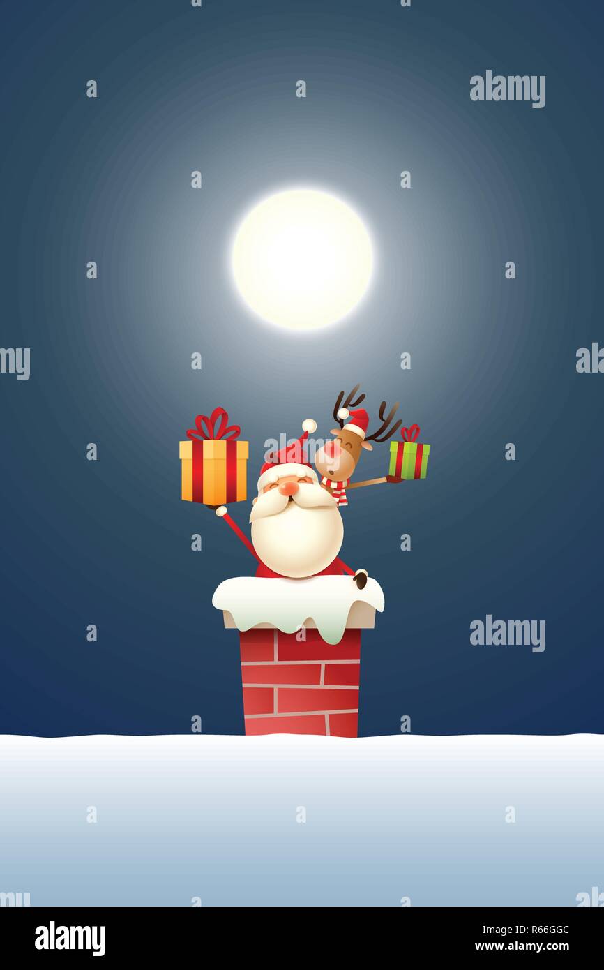 Weihnachtsmann und Rentier auf dem Schornstein mit Geschenken - dark blue moonlight Hintergrund Stock Vektor
