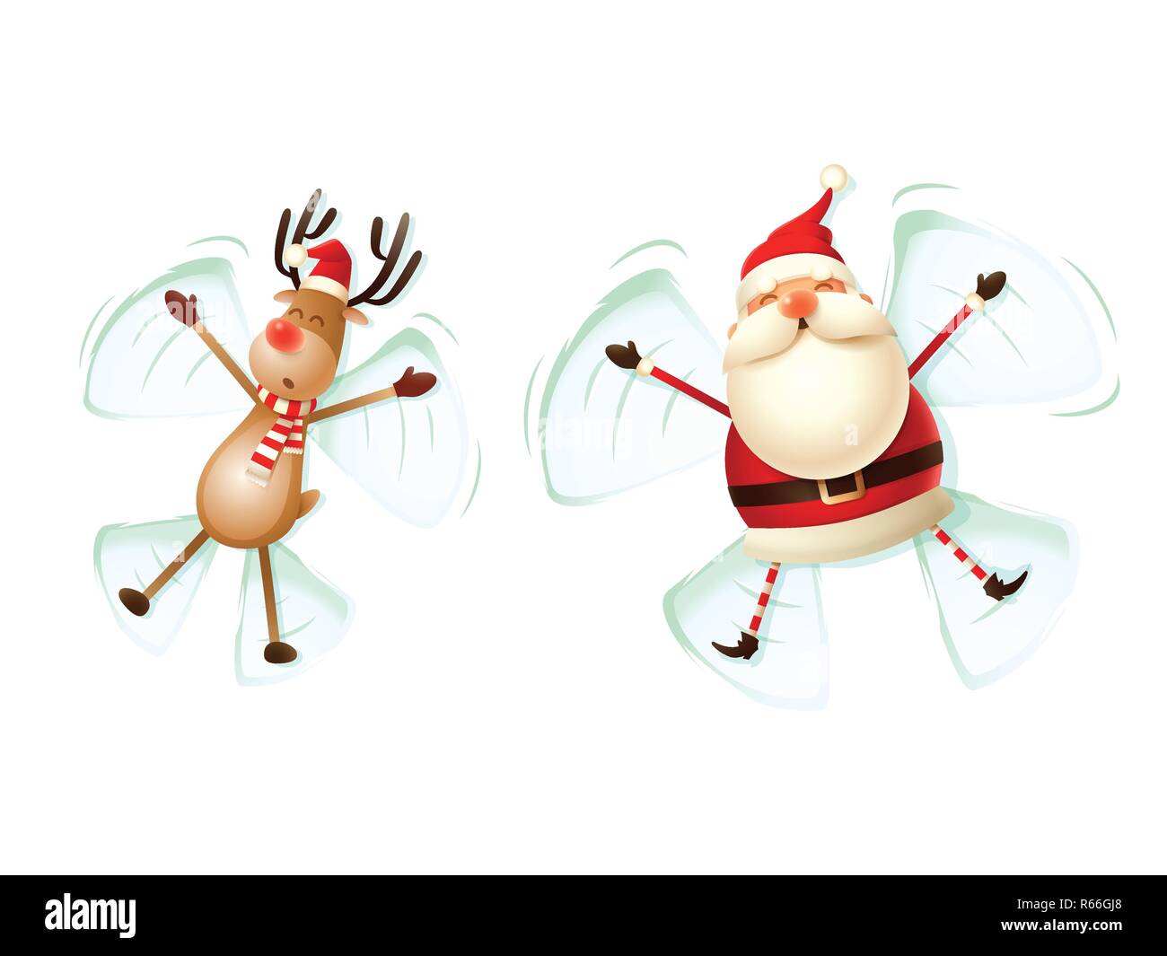 Weihnachtsmann und Rentier, Engel im Schnee Vector Illustration auf weißem Hintergrund Stock Vektor