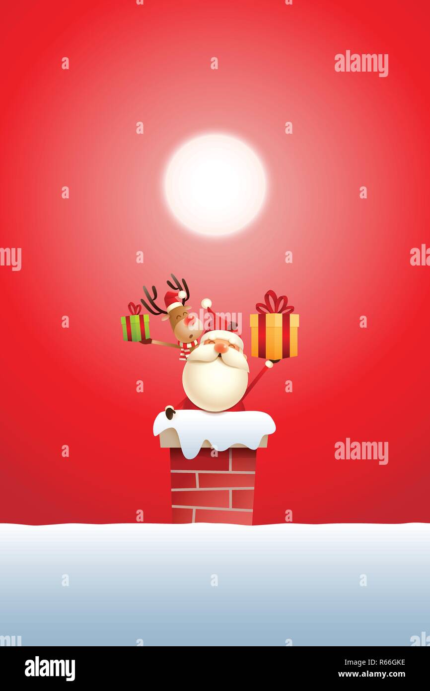 Weihnachtsmann und Rentier auf dem Schornstein mit Geschenken - Rot moonlight Hintergrund Stock Vektor