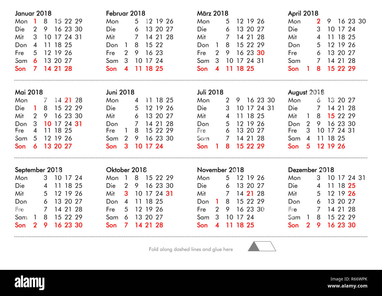 DIY Falten und Kleben 2018 Kalender - Deutschland Stockfoto