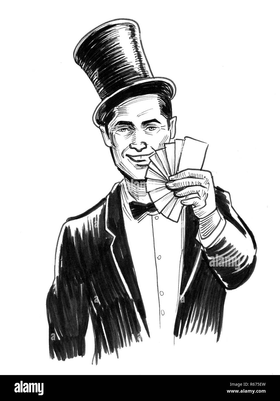Spieler mit einem Deck Karten spielen. Tinte schwarz-weiss Zeichnung Stockfoto
