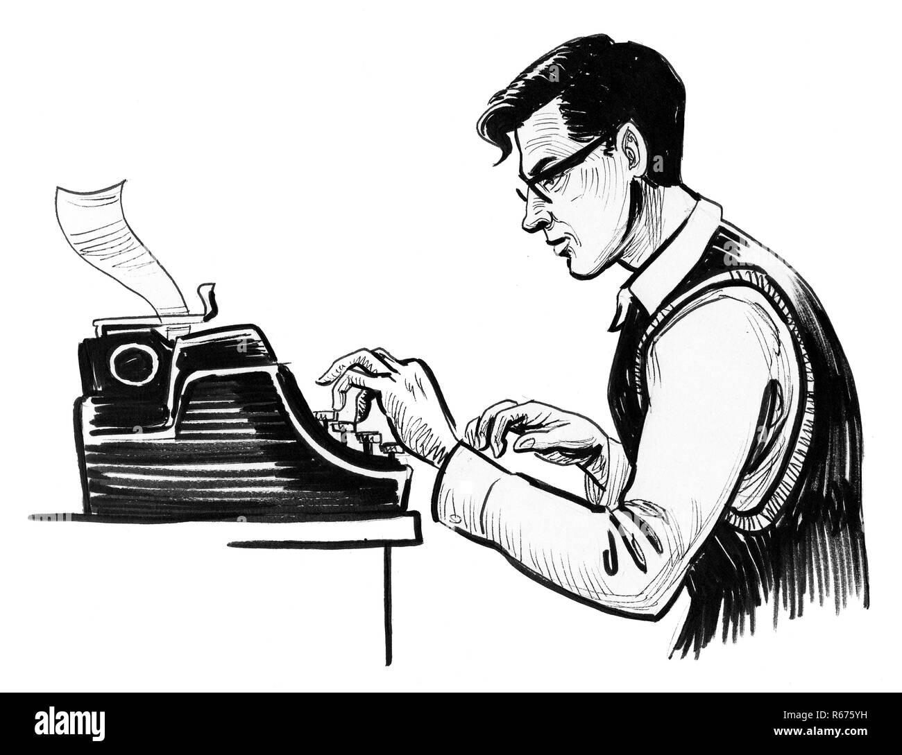 Tinte Schwarz und Weiß der Zeichnung ein junger Schriftsteller mit der Texteingabe auf retro Schreibmaschine Stockfoto