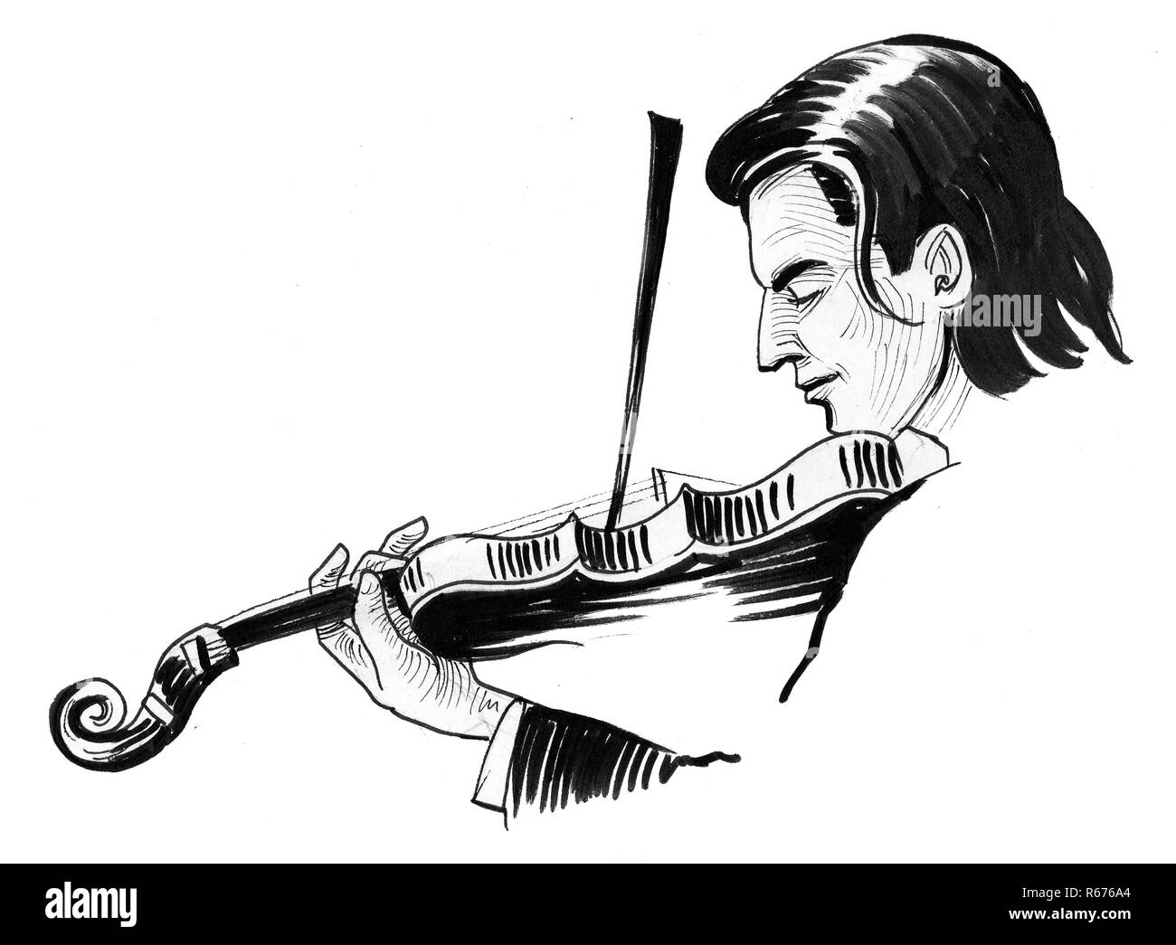 Musiker mit einer langen schwarzen Haaren spielen Violine Musikinstrument. Tinte schwarz-weiss Zeichnung Stockfoto