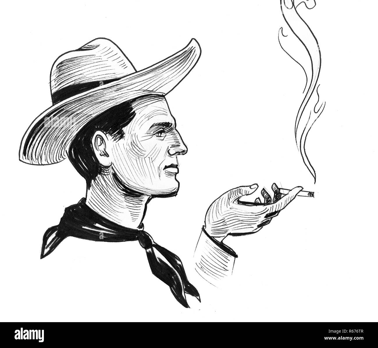 Cowboy Charakter in Hut mit einem rauchen Zigarette. Tinte schwarz-weiss Zeichnung Stockfoto