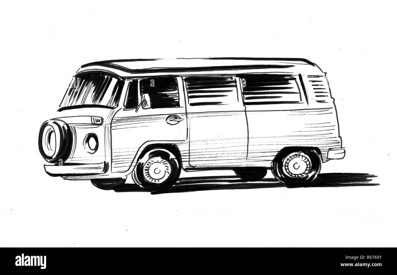 Retro Van Automobil. Tinte schwarz-weiss Zeichnung Stockfoto