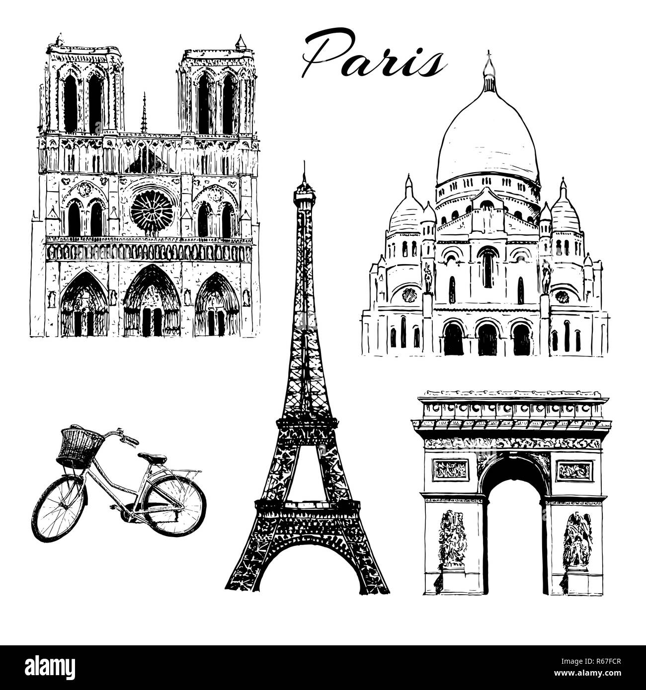 Sightseeing-touren durch Paris. Eiffelturm, Triumphbogen, die Basilika Sacre Coeur, Notre Dame, Fahrrad. Frankreich. Vektor hand gezeichnete Skizze Stockfoto