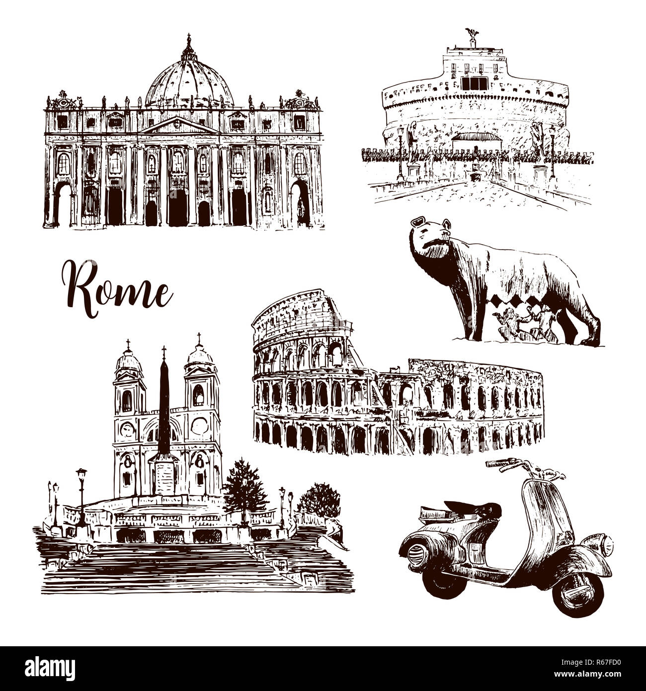 Rom architektonischen Symbole: Kolosseum, St. Peter Kathedrale, Wolf, Romulus, Roller etc. gezeichnet Vektor Skizze Abbildung. Stockfoto