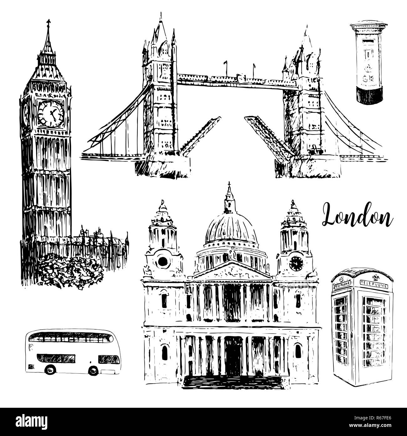 London-Symbole: St. Paul Cathedral, Big Ben und die Tower Bridge. Wunderschöne handgezeichnete Skizze Vektorgrafik. Stockfoto
