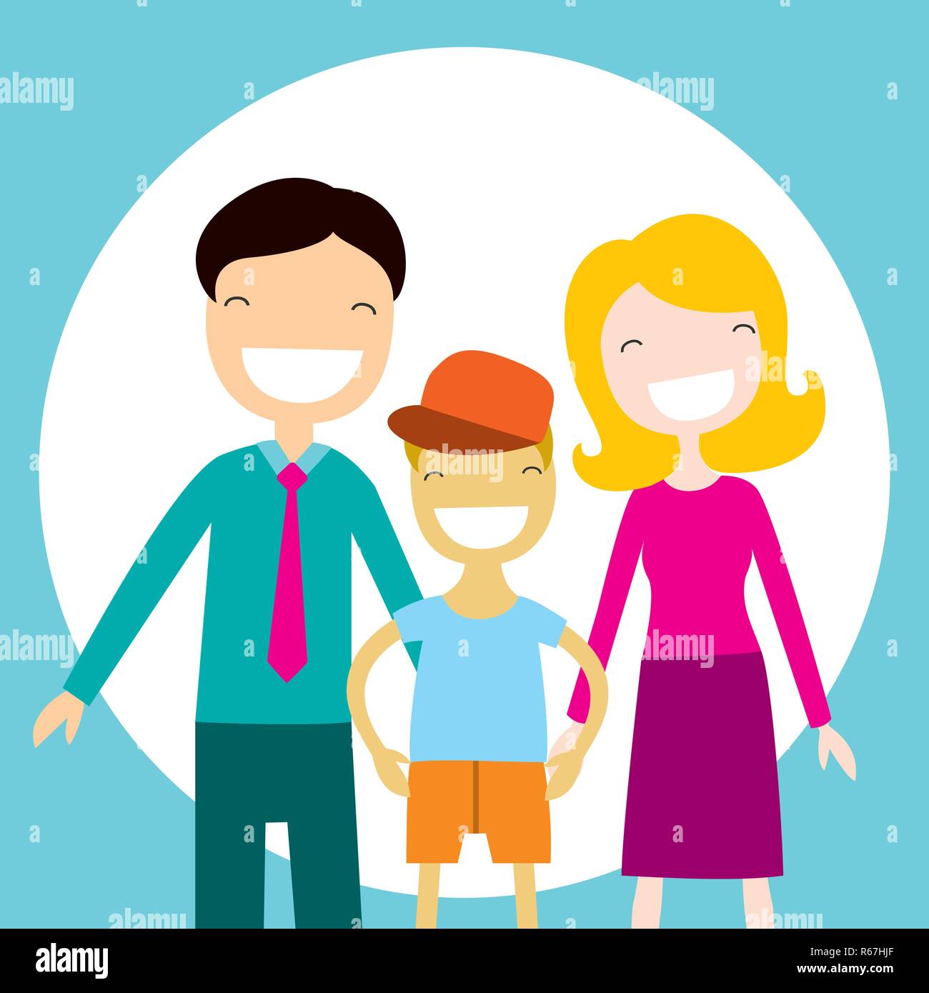 Happy Family Mitglieder Eltern und ihren Sohn. Schöne Zeichentrickfiguren. Vector Illustration Stock Vektor