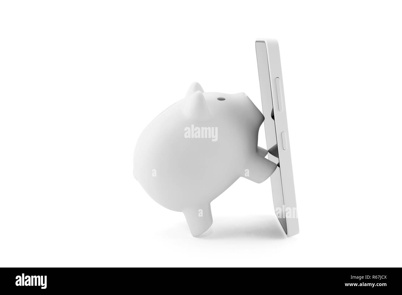 Weiß Sparschwein mit Handy auf weißem Hintergrund Stockfoto