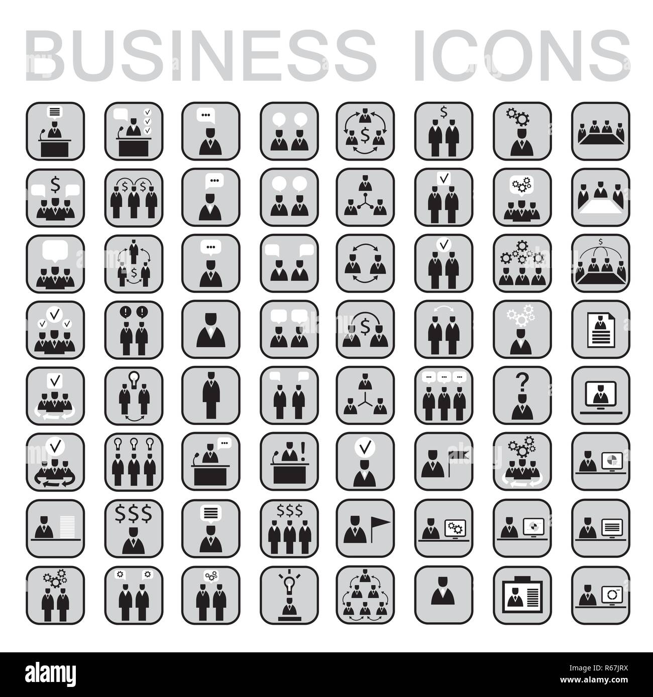 Satz von 64 Web Icons für Business, Geschäftsmann, Kommunikation, Menschen, menschliche Ressourcen. Neutral Schwarz, Weiß, Grau Farbe Vector Illustration Stock Vektor
