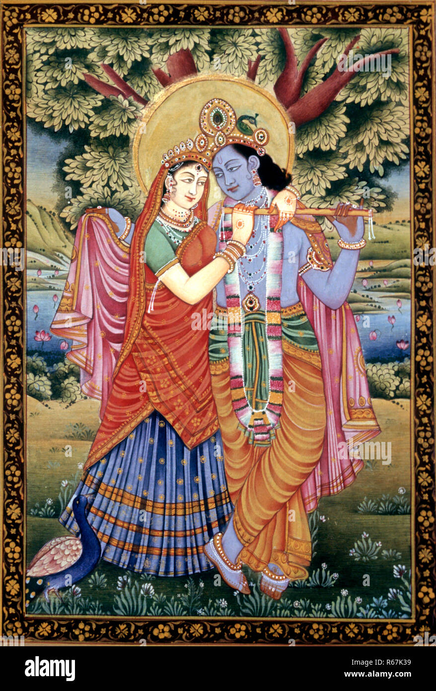 Radha und Krishna liebe Szene Miniaturmalerei auf Papier Stockfoto