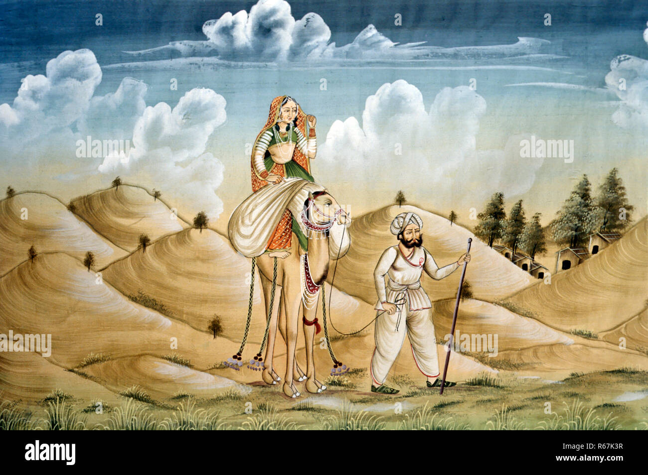 Miniaturgemälde auf Seide, Frau sitzt auf einem Kamel, Kamel in der Wüste, einsamer Reisender, Rajasthan, Indien, Indisches Gemälde Stockfoto