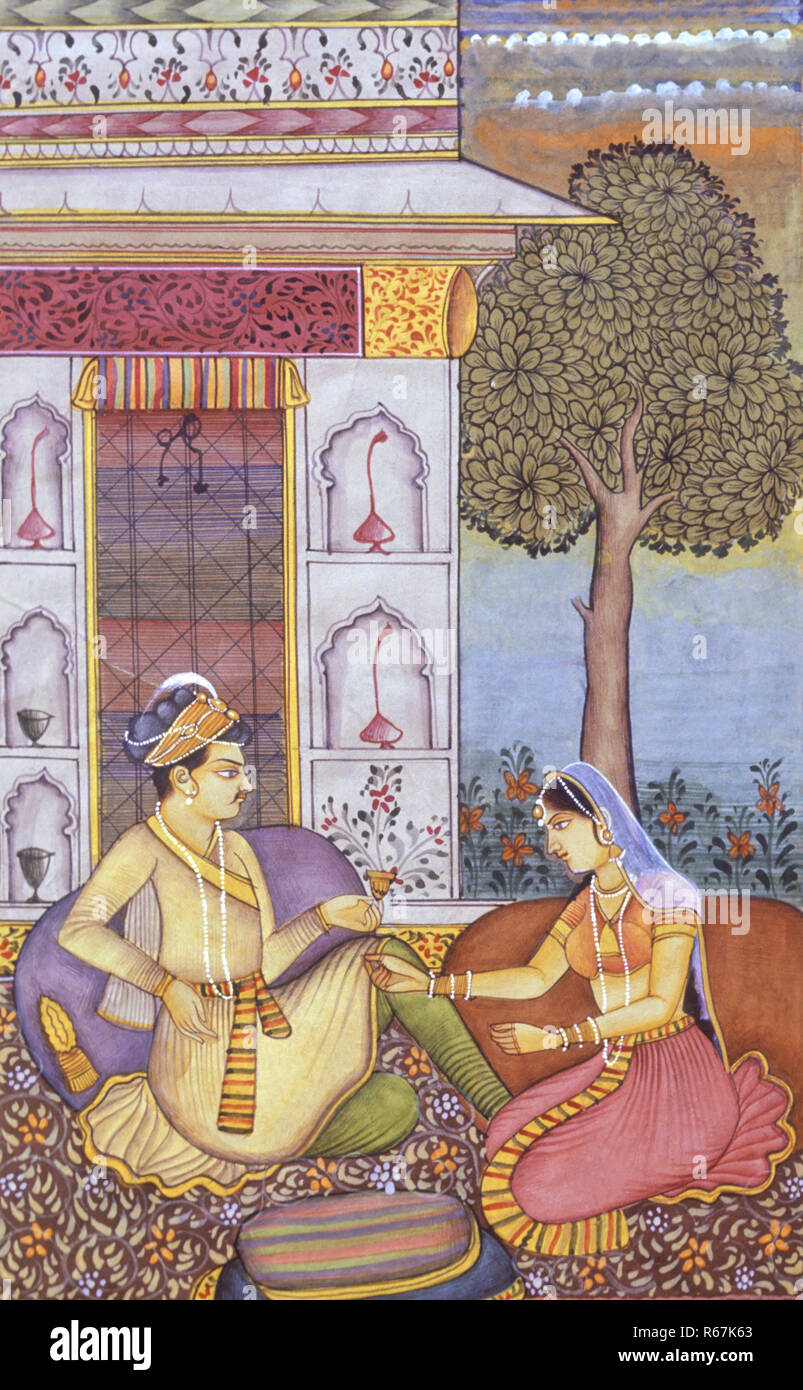 Mughal Miniaturmalerei auf Papier Royal King Getränk genießen. Stockfoto