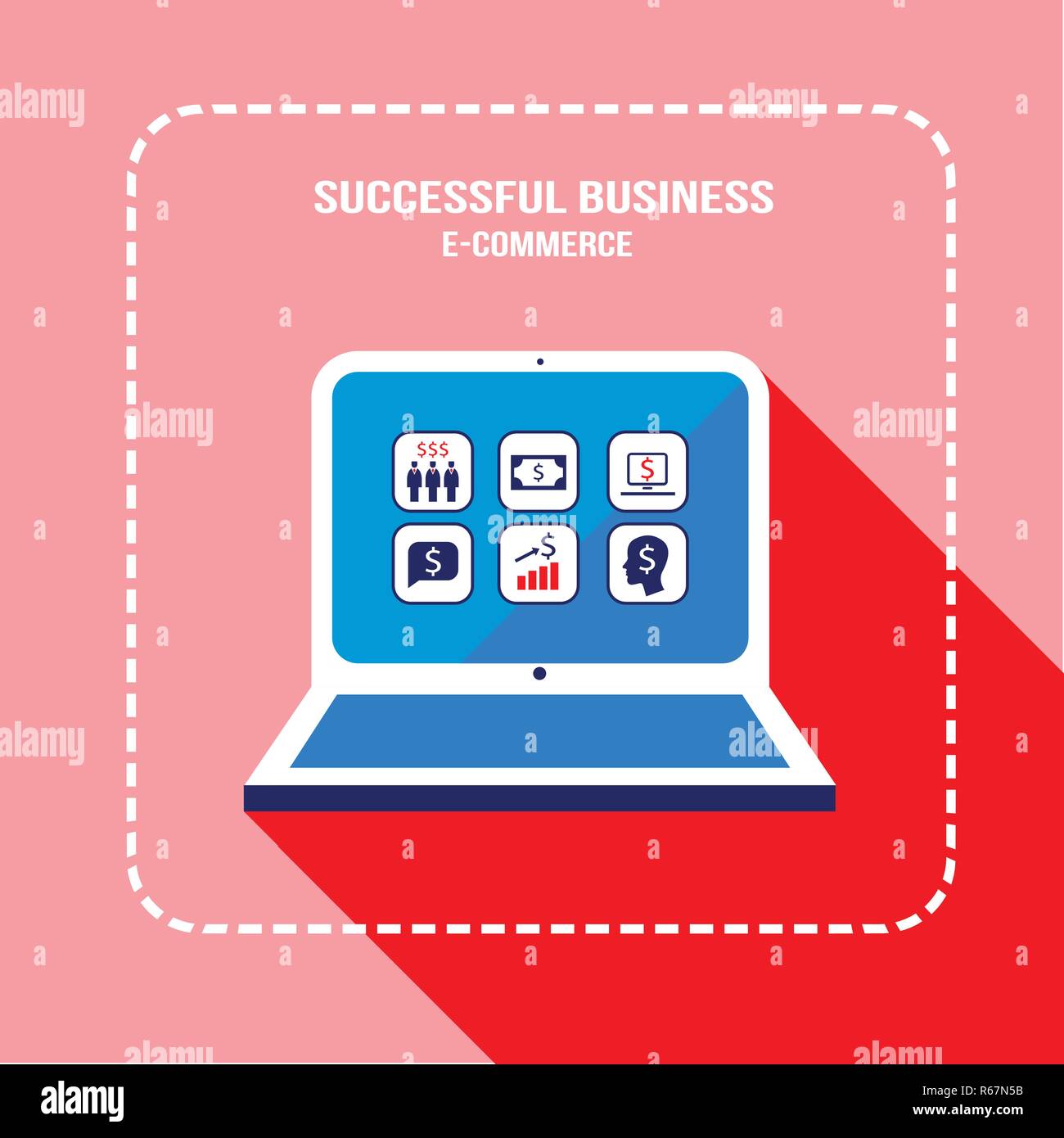 Laptop mit Business Web Icons auf dem Bildschirm. E-Commerce, Geld verdienen online, Profit und Partnerschaft, Erfolgreiches Geschäftskonzept. Vektor i Stock Vektor