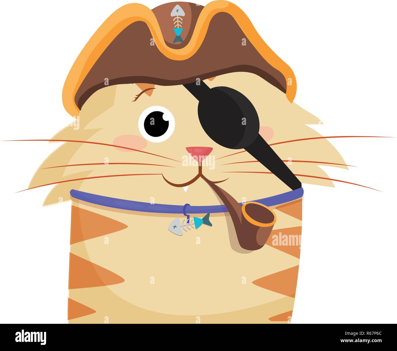 Vector Illustration cute cartoon Ingwer Kater junge Charakter portrait in Piraten Hut und Auge verband mit Rauch Leitung auf weißem Hintergrund Stock Vektor