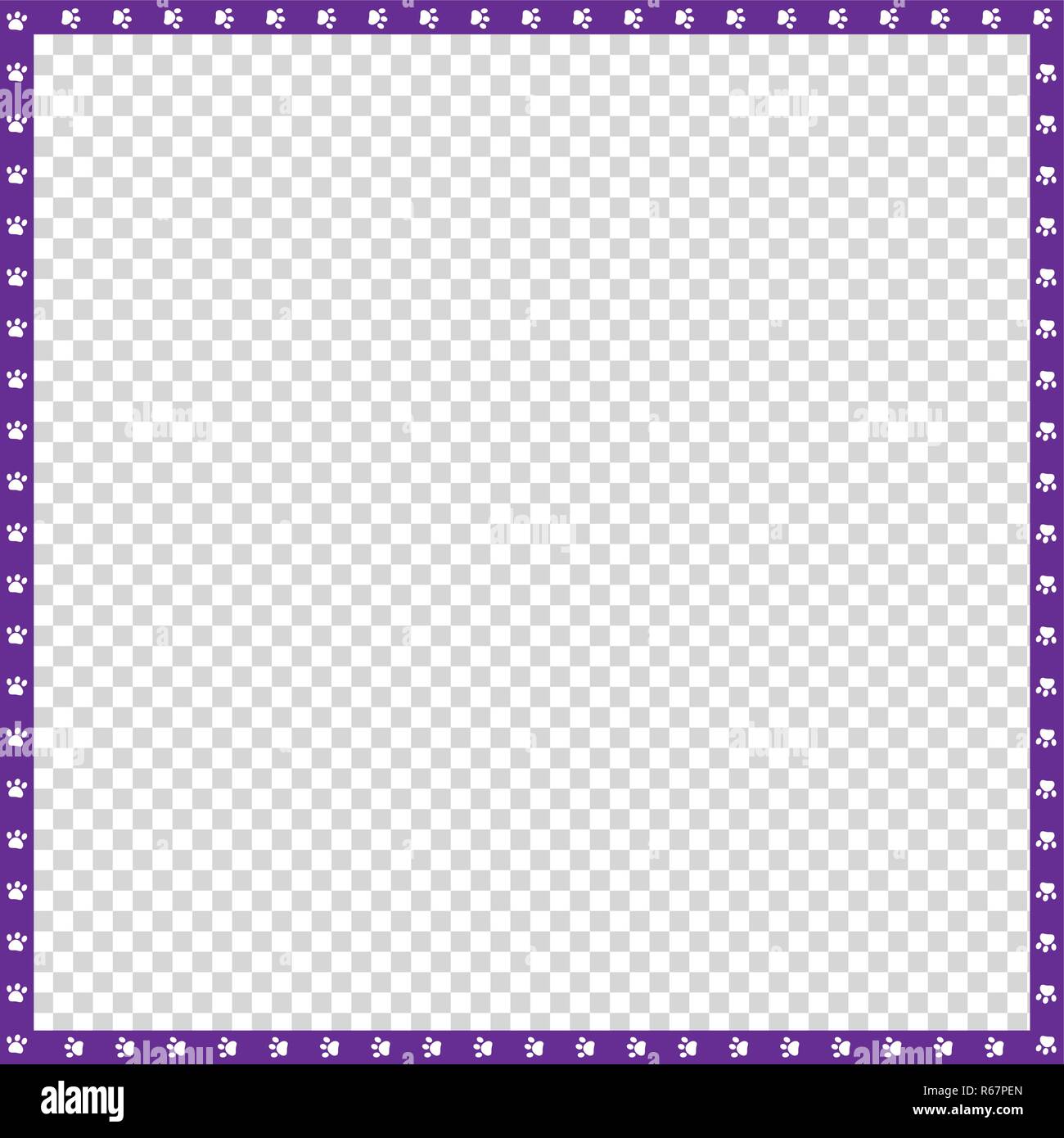 Cute square Violett und Weiß Bilderrahmen tierischen Pfotenabdrücke auf transparentem Hintergrund. Vector Template, Rand, Rahmen, Poster, Banner, scrapbook Stock Vektor