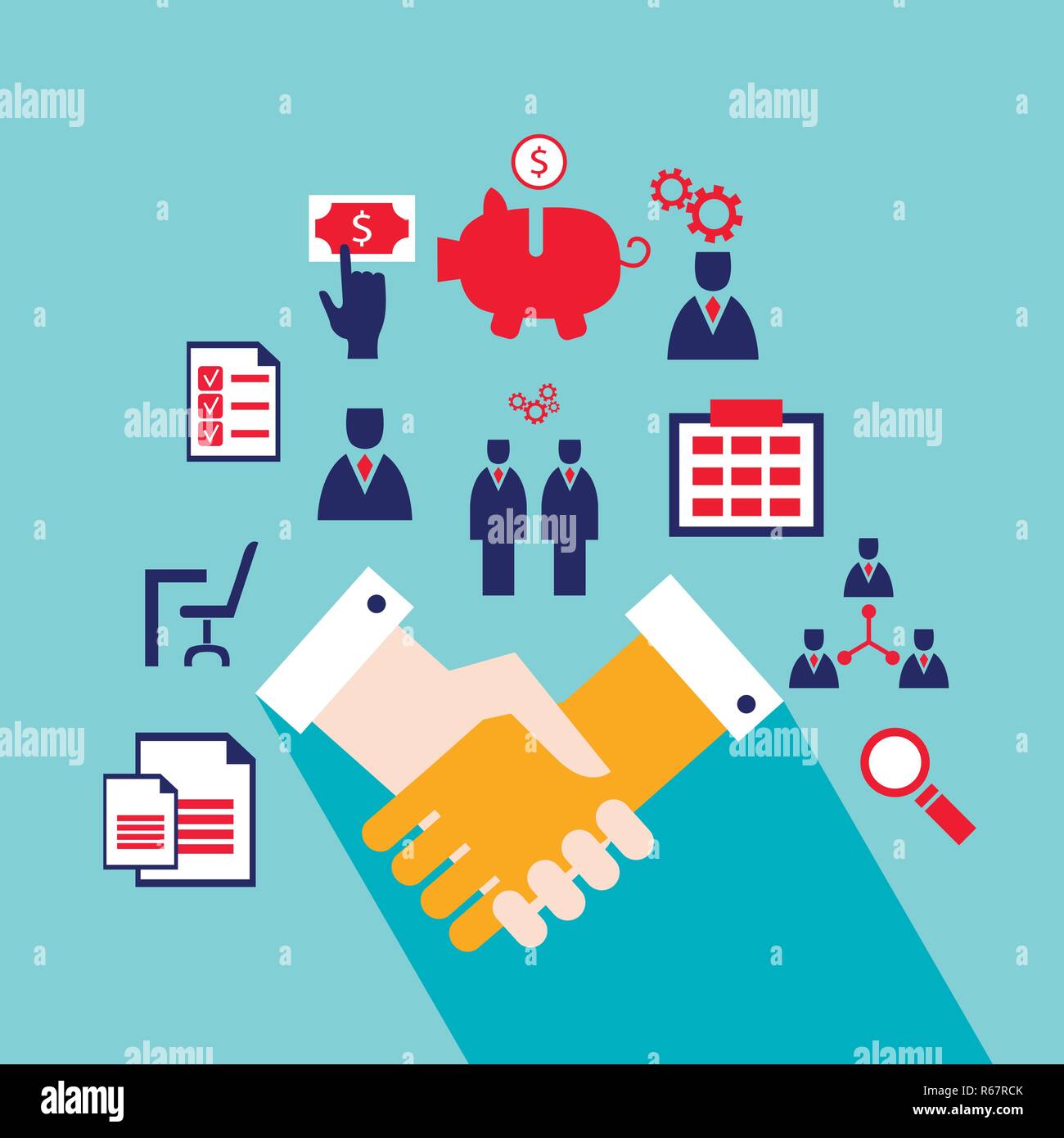 Handshake und Symbole für Web Erfolgreiches Geschäftskonzept Vector Illustration Stock Vektor