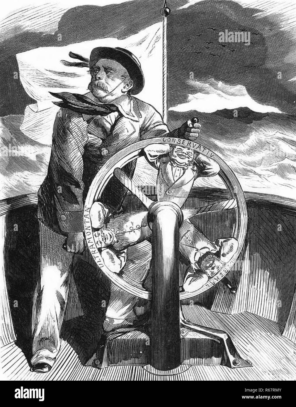 OTTO von Bismarck (1815-1898), preußischer Staatsmann in einem Cartoon 1879 fährt das Schiff des Staates zwischen den Kräften des Konservatismus und Radikalismus. Stockfoto