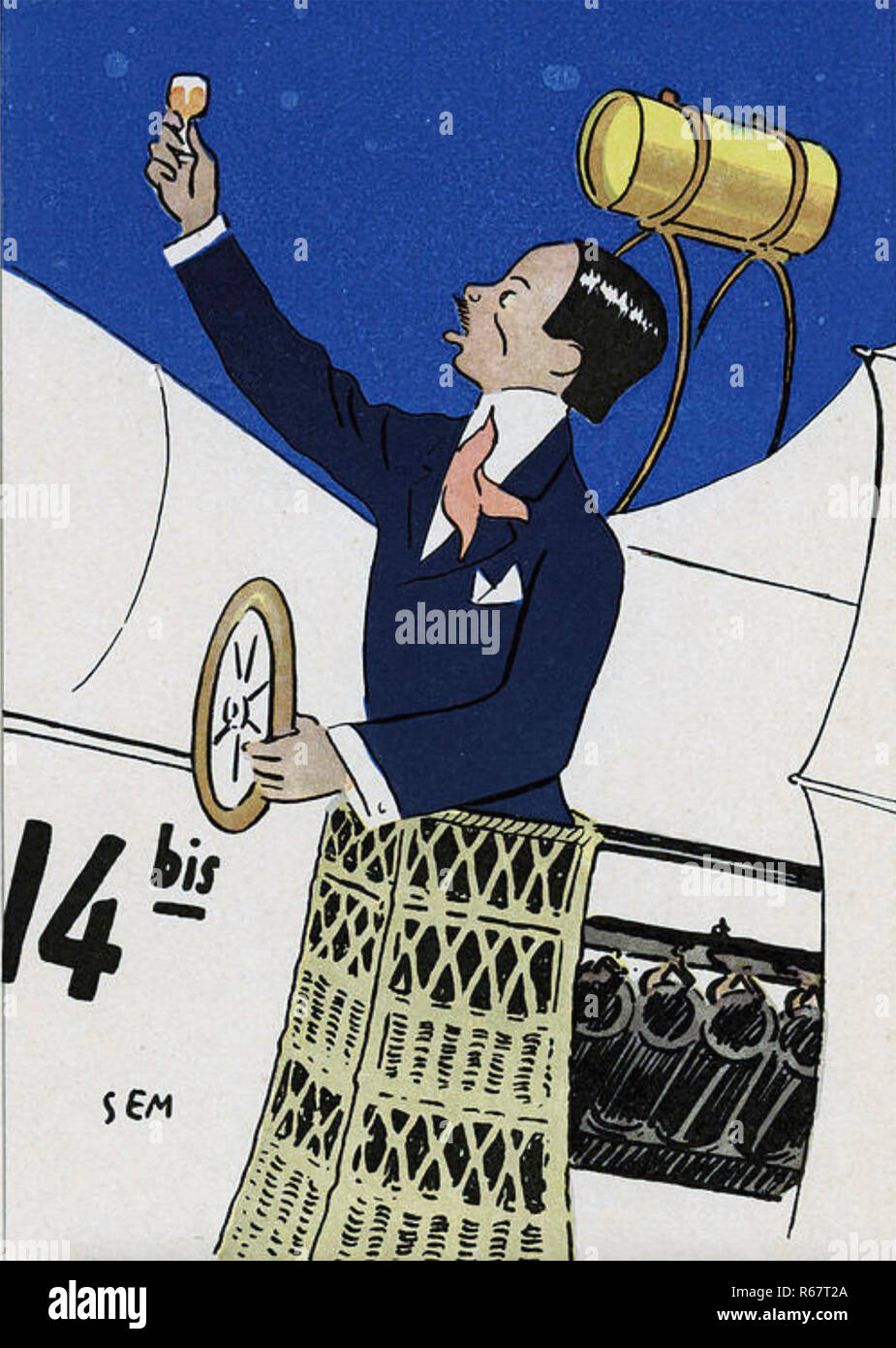 ALBERTO Santos Dumont (1873-1932) Brasilianische Erfinder und Pionier der Luftfahrt. Eine französische Karikatur von ihm an Bord seines canard Doppeldecker 14-bis auch bekannt als Oiseau de proie (Raubvogel) Anlässlich seiner November 1906 Kampf in der Nähe von Paris Stockfoto