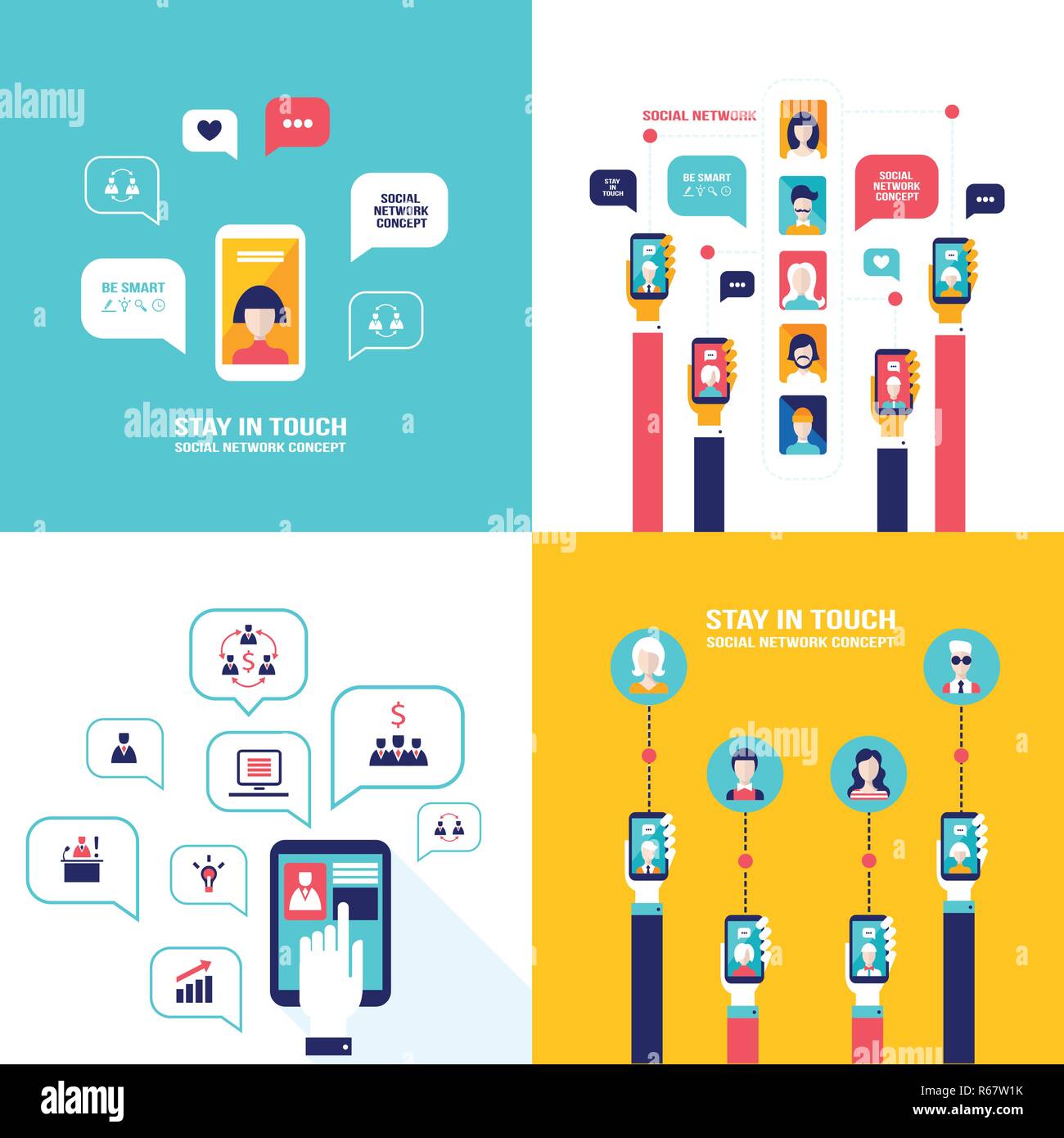 Soziales Netzwerk Technologie Banner Set User Kommunikation auf Web und Handy Vector Illustration Stock Vektor