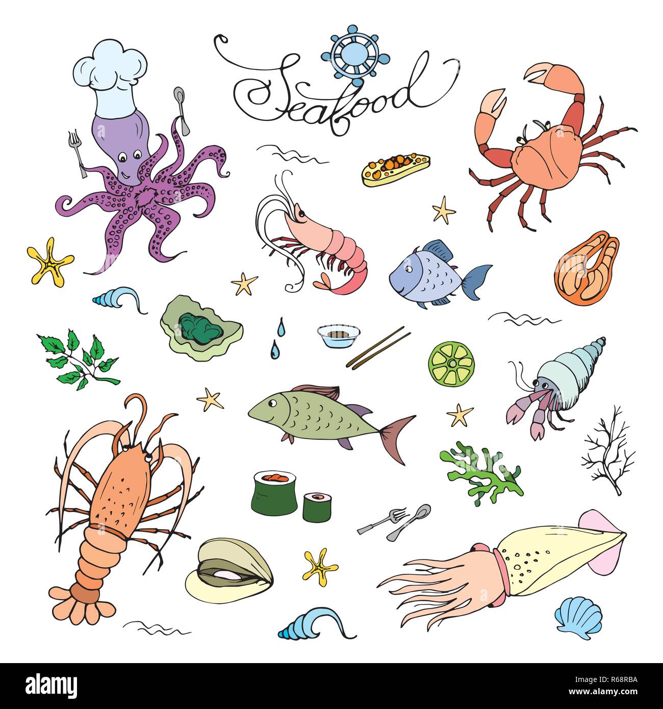 Meeresfrüchte, doodle Symbole oder Objekte, Vektor illustration Stock Vektor