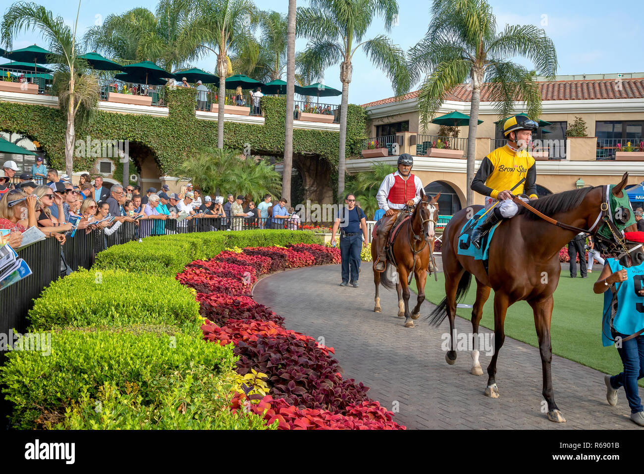 Ein jockey Reiter sein Pferd vor dem Rennen in Del Mar, Kalifornien Stockfoto