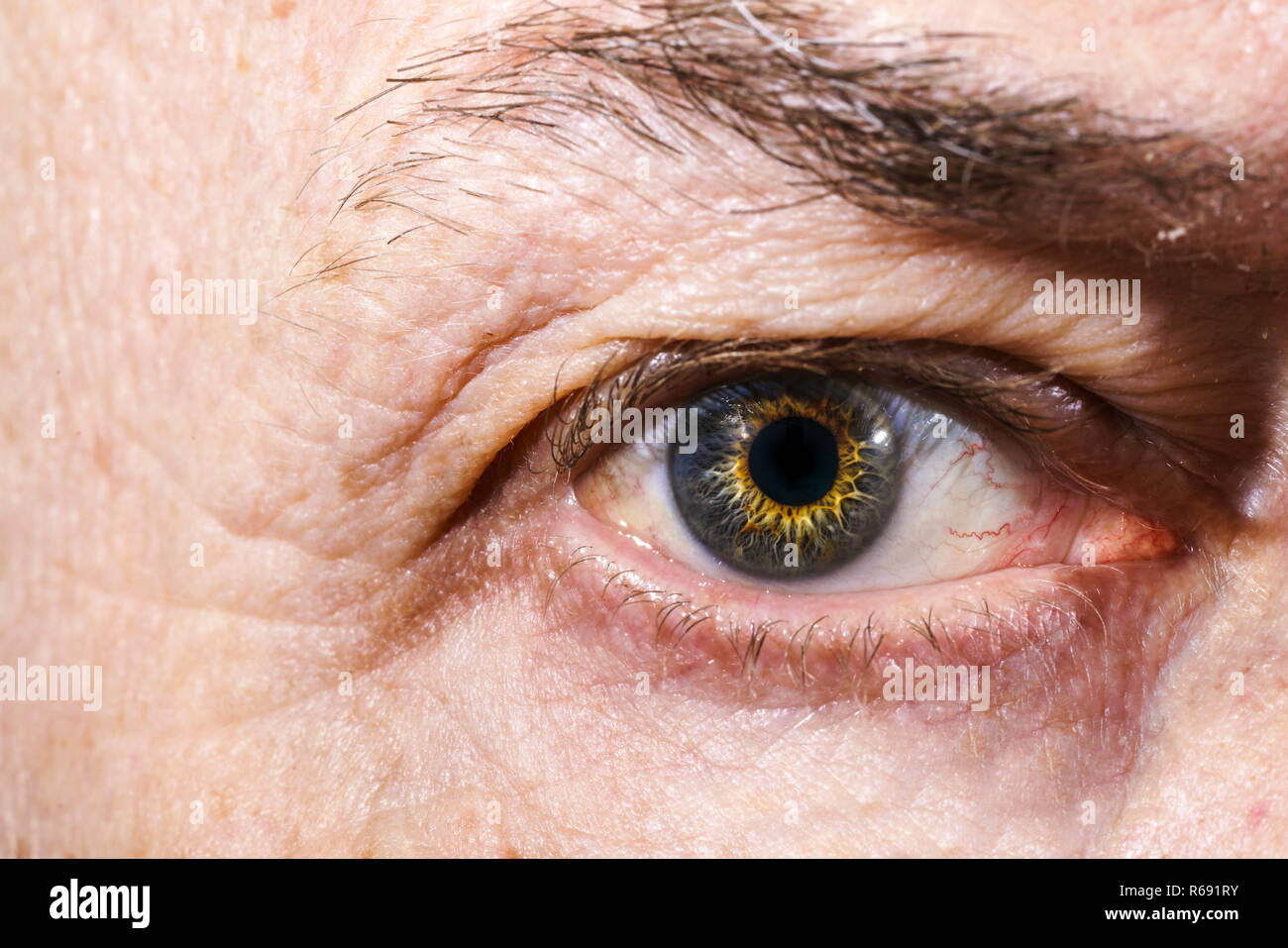 In der Nähe von Eye ist ein älterer Mann mit einem grauen Iris mit einem goldenen Muster Stockfoto