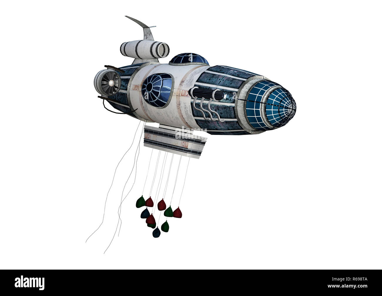 3D-Rendering Fantasy Zeppelin Starship auf Weiß Stockfoto