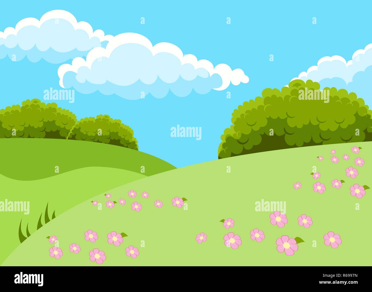 Vector Illustration von wunderschönen Feldern Landschaft mit einer Morgendämmerung, grüne Hügel, helle Farbe blue sky und rosa Blumen, Hintergrund im Cartoon Stil. Stock Vektor