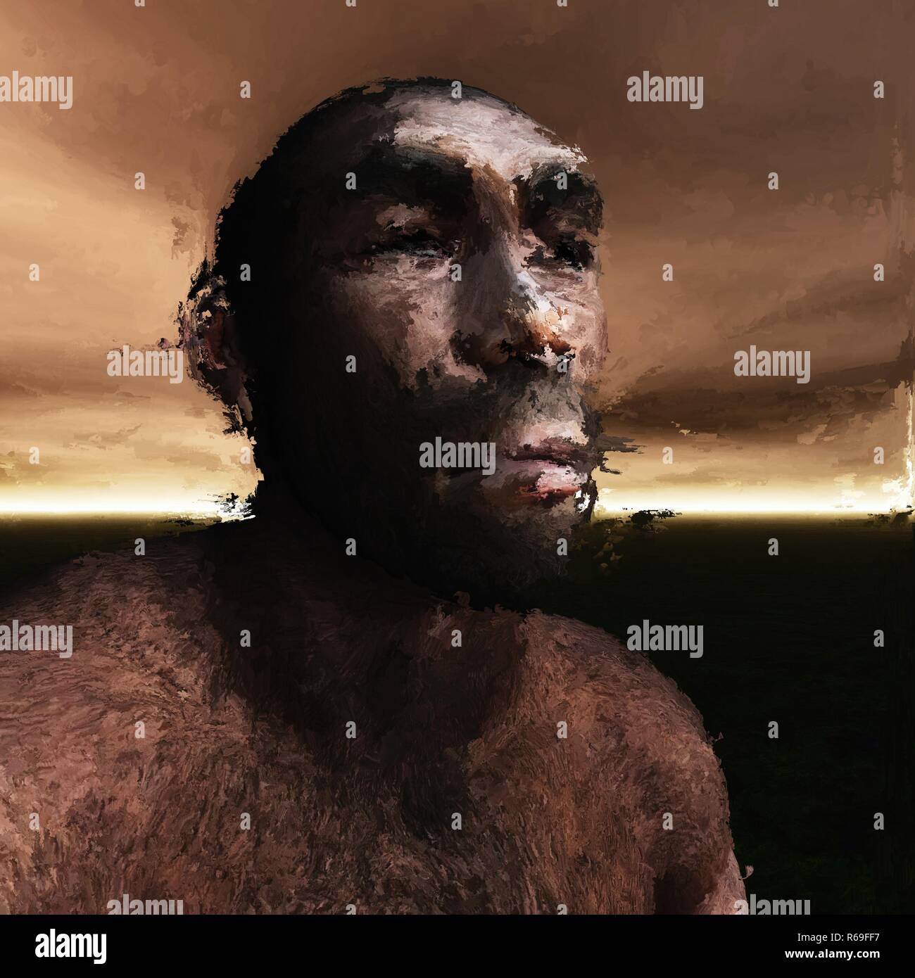 Digitale Malerei eines prähistorischen Menschen Stockfoto