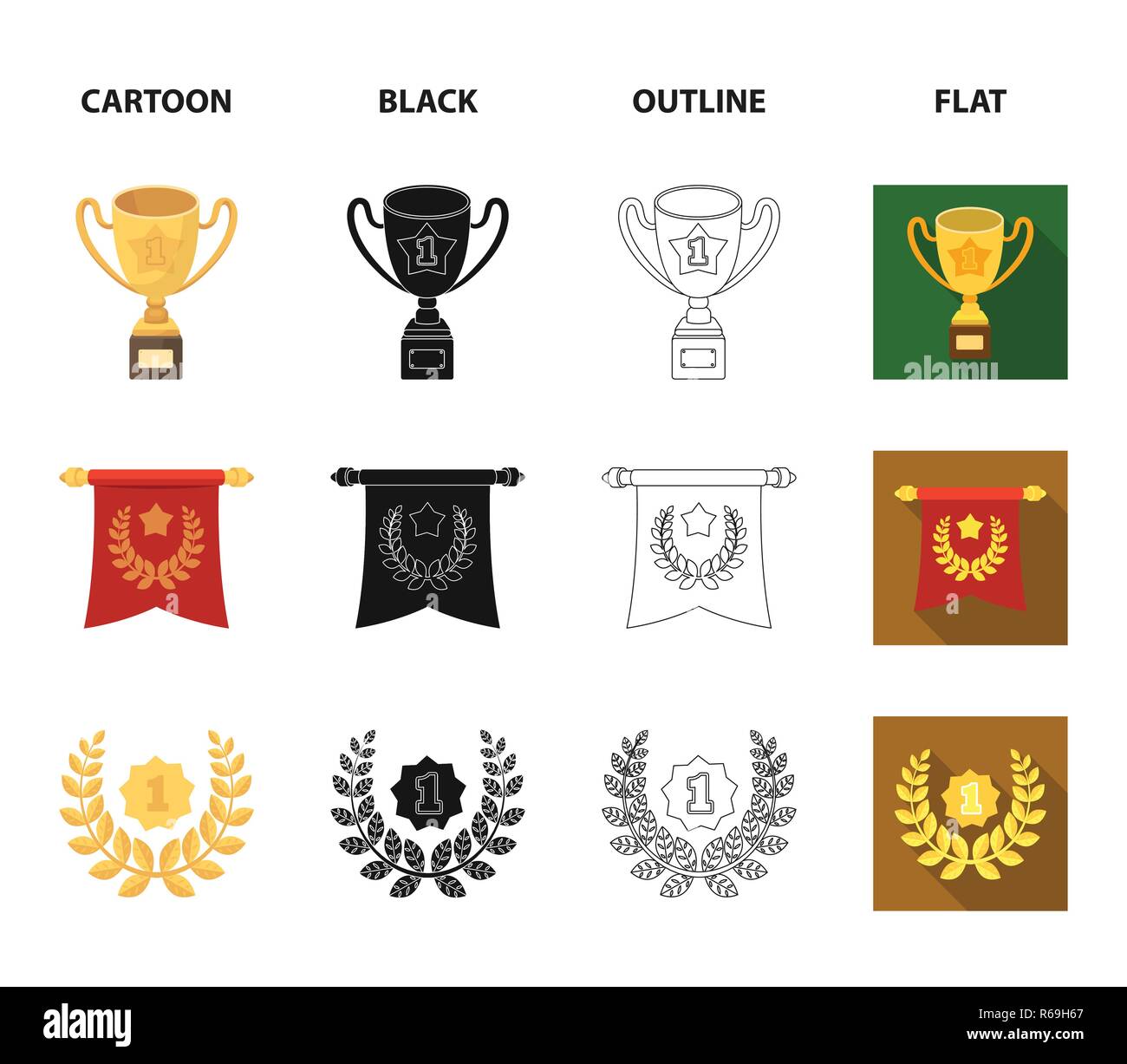 Eine olympische Medaille für den ersten Platz, eine Kristallkugel, eine goldene Schale auf einem Ständer, einem roten Anhänger. Auszeichnungen und Trophäen set Sammlung Icons im Cartoon, schwarz, o Stock Vektor
