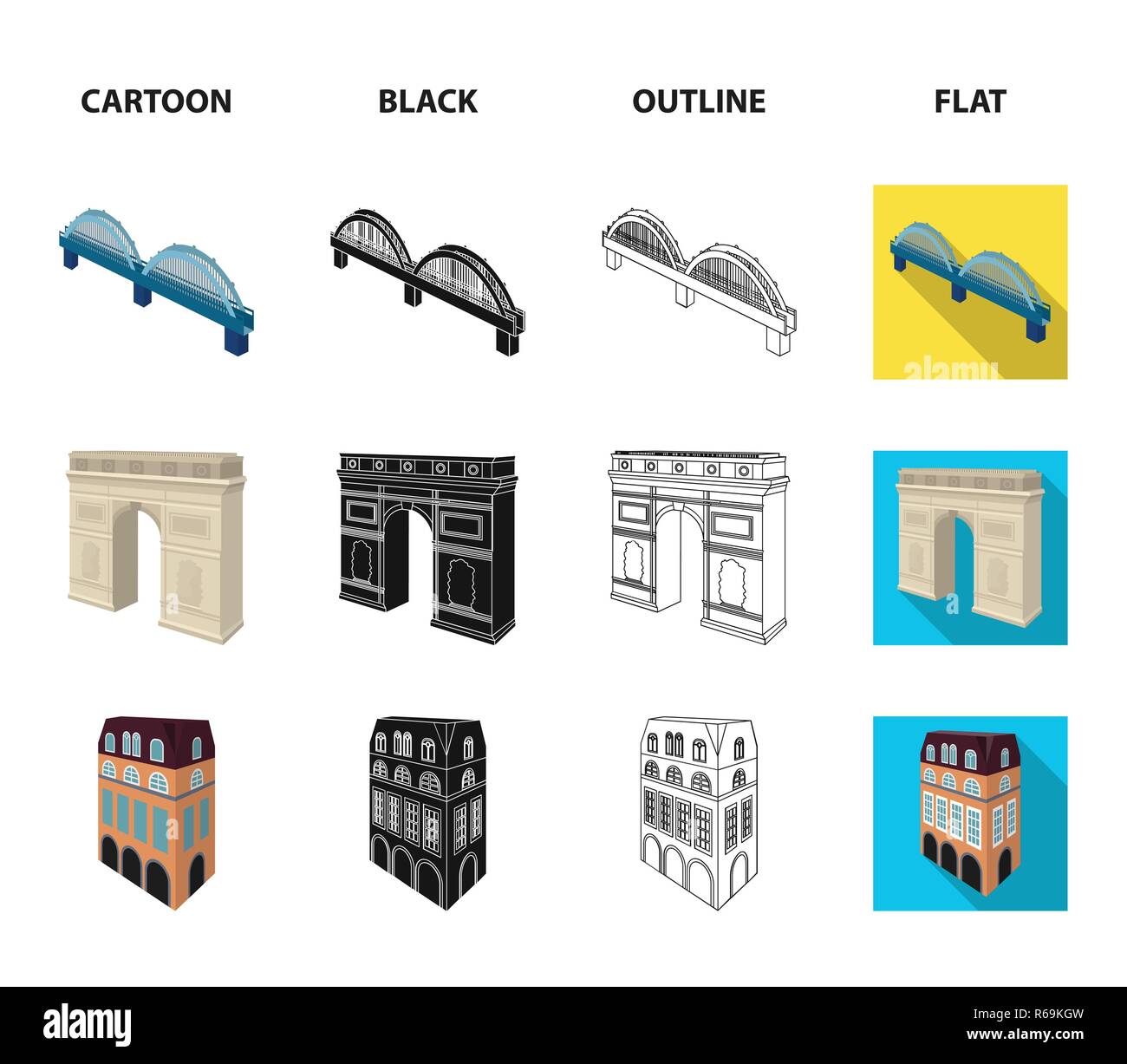 Arc de Triomphe in Paris, verstärkten Brücke, cafe Gebäude, Haus in skandinavischem Stil. Architektur und Gebäude Sammlung Icons im Cartoon, bl Stock Vektor