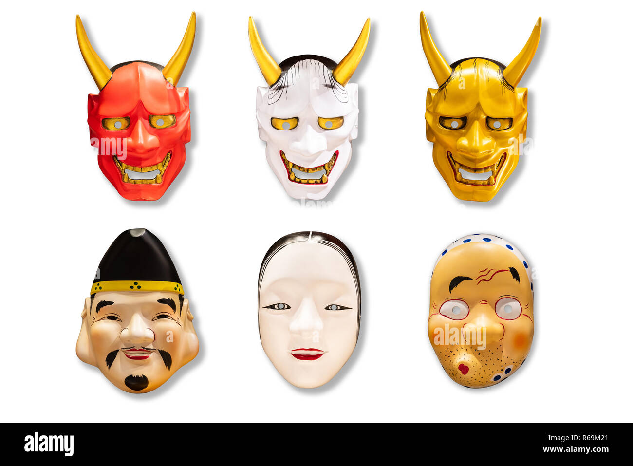 Sammlung von traditionellen japanischen roten, weißen und goldenen Teufel Maske Kabuki Maske auf weißem Hintergrund. mock für Kunst. nach oben Stockfoto